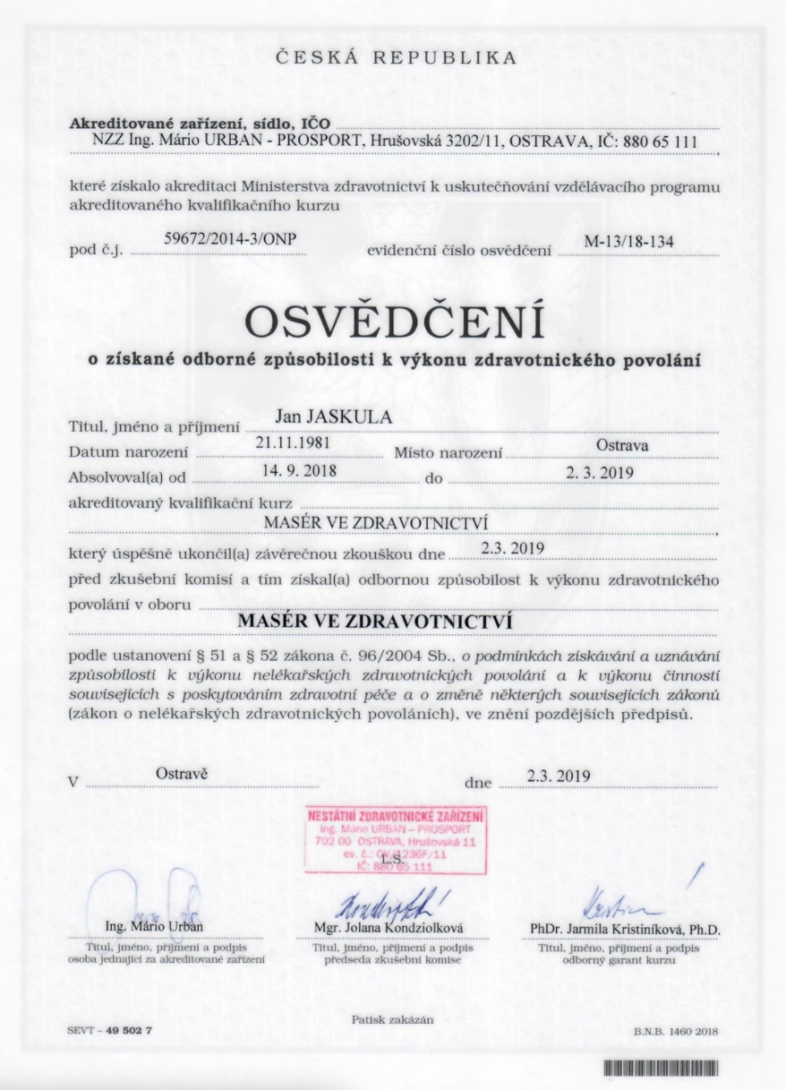 Certifikát – Jan Jaskula ml.