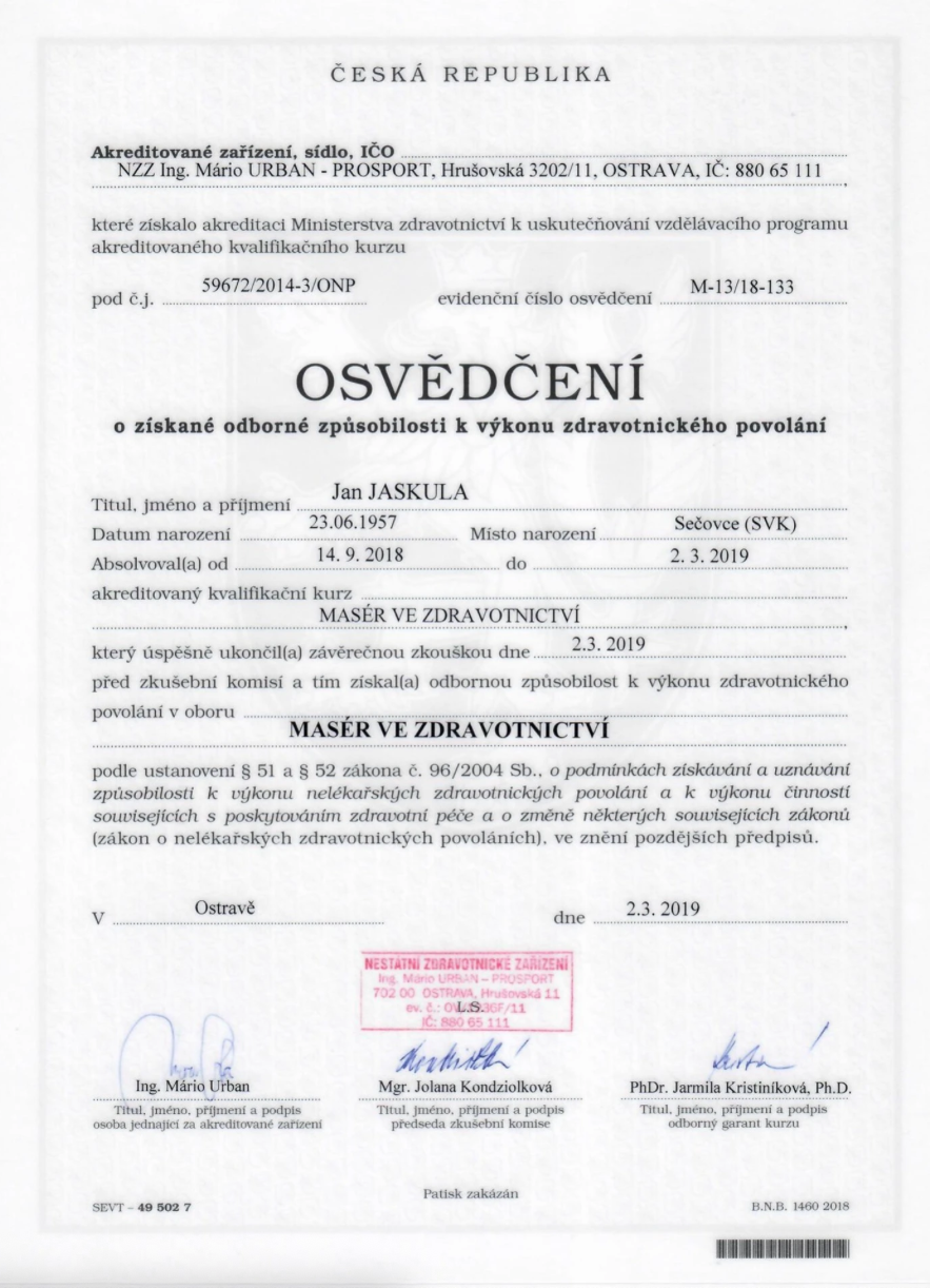 Certifikát – Jan Jaskula